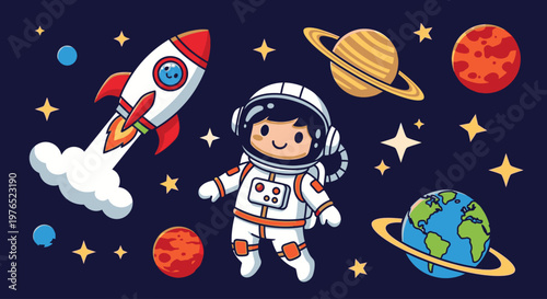 Cartoon astronaut floating in space with planets, stars, and a rocket against a dark blue background.