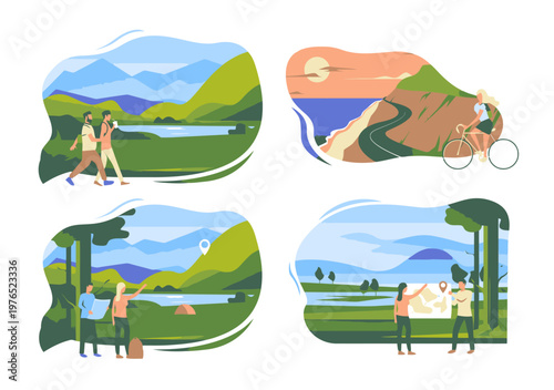 Illustration of four scenes depicting people engaging in outdoor activities such as cycling and hiking in a scenic landscape with mountains and lake.