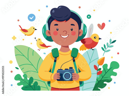 A cheerful photographer exploring nature with a camera and headphones