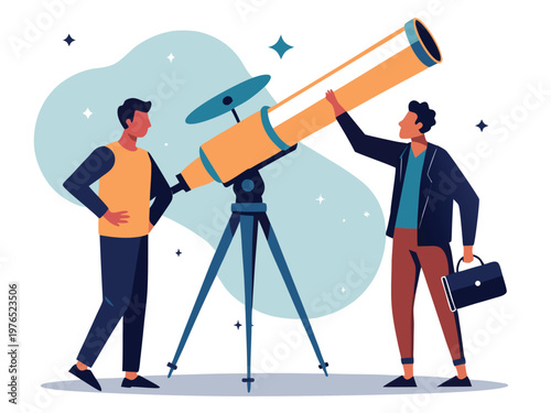 Two astronomers using a telescope to observe the night sky together