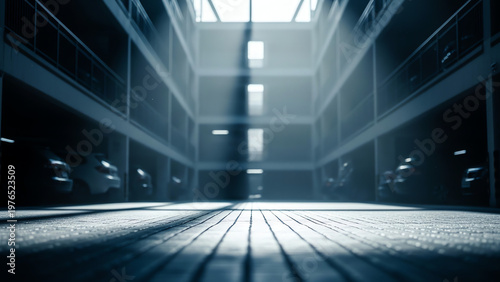 Parking Garage with Bright Overhead Light Creating Dramatic Shadows on Concrete Floors and Modern Design