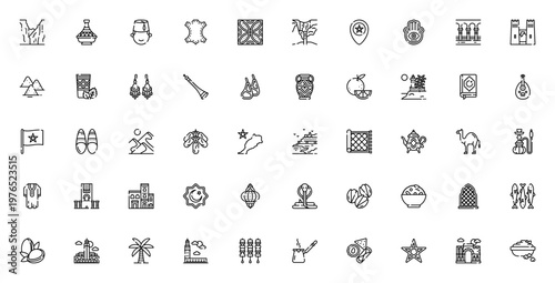 Morocco icon set. Vector symbols collection featuring tajine, hamsa, camel, couscous, mosque, desert, spices and more. Editable thin line illustrations.