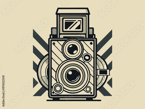 Vintage twin-lens reflex camera illustration with geometric background design