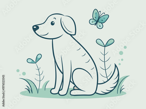 A cheerful dog sitting calmly in a whimsical garden with a butterfly nearby