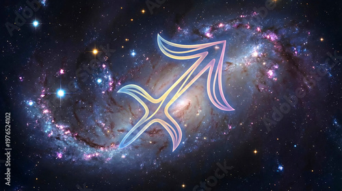 Sagittarius zodiac sign rotating in deep space with glowing stars. Astrology symbol spinning against a spiral galaxy background. Celestial mystery magic concept.
