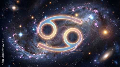 Cancer zodiac sign glowing in deep space galaxy. Astrological symbol of crab floating among bright colorful stars. Celestial concept for horoscope and astrology.