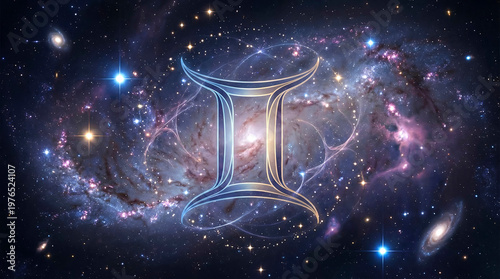 Gemini zodiac symbol floating in deep space galaxy. Astrology sign glowing bright amid nebula and starry sky. Cosmic horoscope concept for celestial prediction.