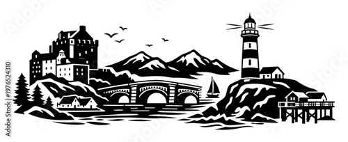 Pictorial coastal scene depicting a historical castle perched on a hill, an arched bridge over water, a lighthouse, and faraway mountains