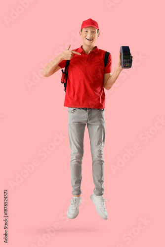 Jumping courier pointing at...