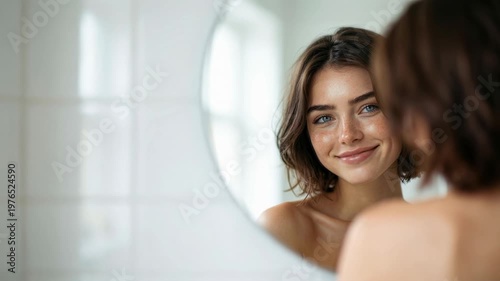 Young woman looking at reflection in bathroom mirror close up shot