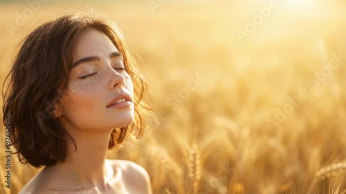 Young woman with brown hair standing in golden wheat field at sunset with copy space, close up