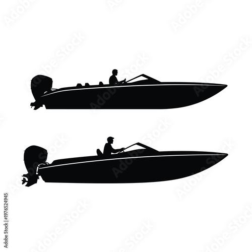 Silhouetted speedboats with drivers depicted in a minimalist style