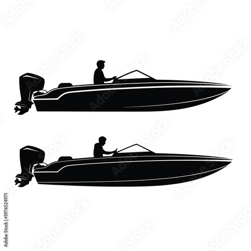 Silhouette of two speedboats with drivers depicted in a black and white style