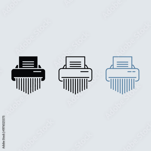 Three paper shredder icons in varying color schemes against a gray background