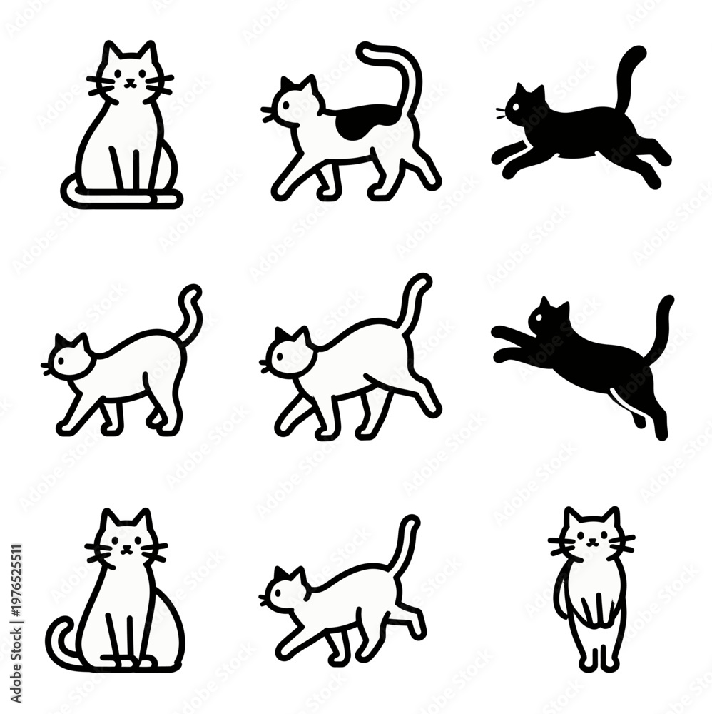 Obraz premium vector illustration set line art cat, isolated on white