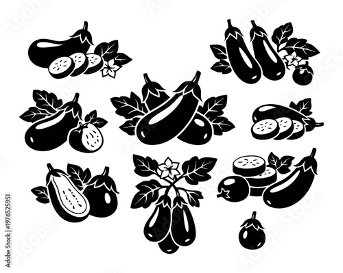 Eggplant and aubergine icon set showing whole, sliced, and growing vegetables with leaves and flowers