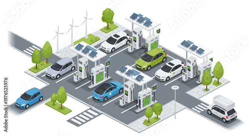 Isometric vector illustration showcasing an EV charging network with multiple electric vehicles parked at charging stations under solar panels, set against a bright background, promoting