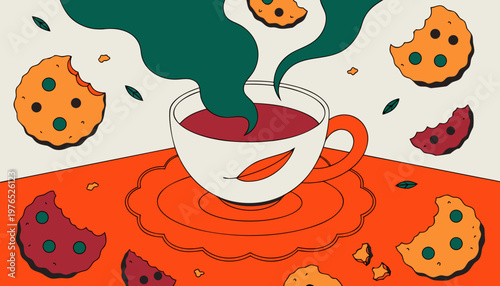 Vector illustration of a seamless pattern featuring coffee cups and beans with hot espresso mugs, aromatic steam, and cappuccino icons for a cafe beverage design