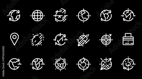 Set of diverse global communication, network, navigation, and business line icons. World map, compass, location, briefcase symbols.
