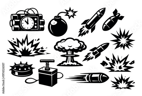 Military weapons and explosion icons showing bombs, missiles, nuclear detonation, bullet, dynamite, and explosive shockwaves