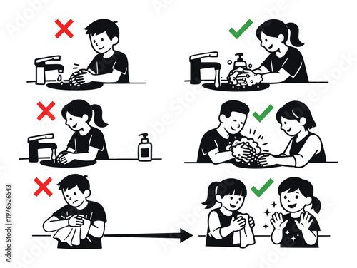 Demonstrating correct and incorrect hand washing steps, promoting cleanliness, preventing spread of germs for children's health