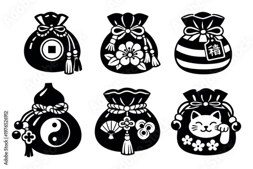 Japanese lucky bags and amulet icons showing fortune cat, yin yang symbol, blossoming flower, and traditional Asian art