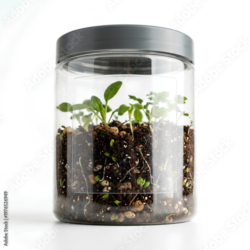 Small plants growing inside a transparent jar with a lid.