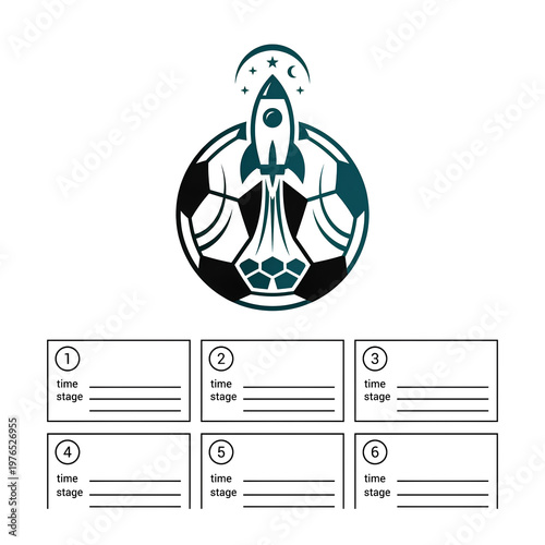 Soccer ball with rocket ship design representing time and stage concept.