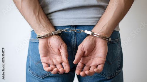 Handcuffed criminal suspect in blue jeans and grey shirt, arrested man with hands behind back in metal handcuffs, prisoner in police custody for law enforcement news and crime prevention