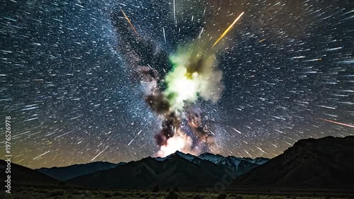 Night Sky Meteor Shower Mountain Landscape.