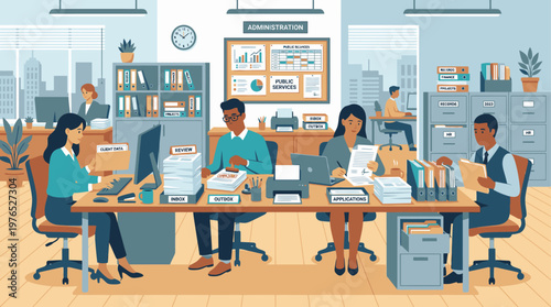 Illustration of diverse office workers collaborating at a large wooden desk in a modern office with computers and paperwork.