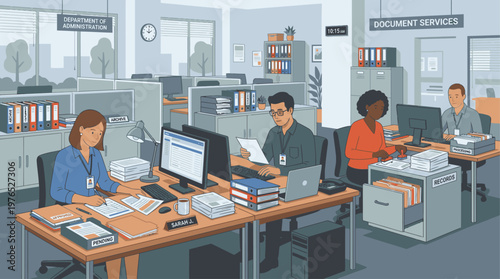 Illustration of office workers sitting at desks with computers and papers in a modern, organized workspace with a professional atmosphere.