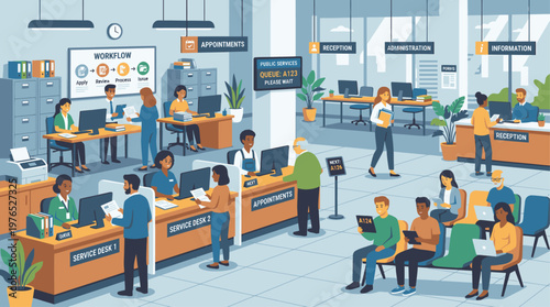 Illustration of a bustling office interior with diverse employees working at desks and collaborating in a modern, open-plan workspace with various technology and decor.