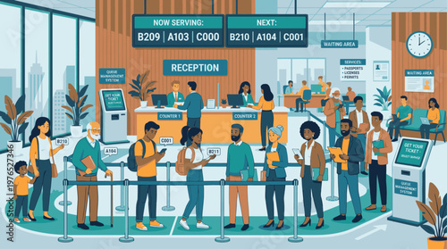 Illustration of diverse people waiting and checking in at an airport reception with flight information displays and a clock in the background.