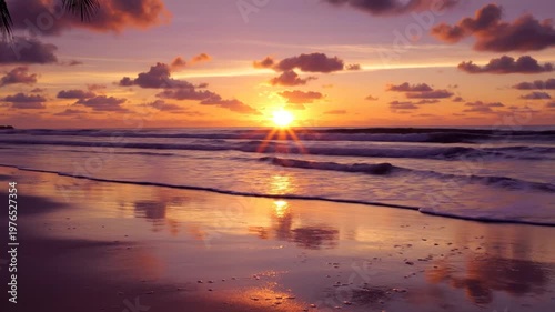 Sunset over calm ocean waves beach.
