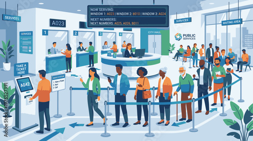 Illustration of diverse people waiting in line at a modern airport terminal with flight information displays and plants, conveying a sense of travel and anticipation.