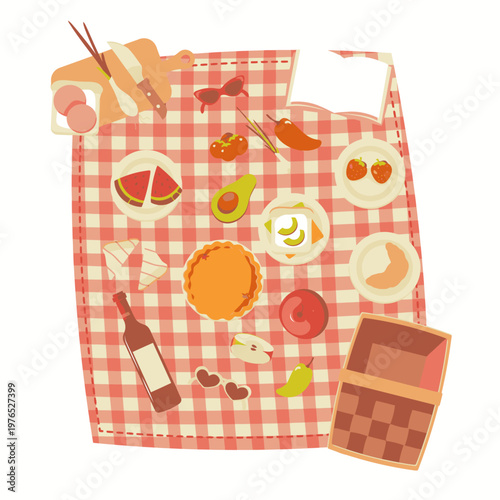 Flat lay of a red and white checkered picnic blanket with various food items and a bottle of wine on a clean white background.