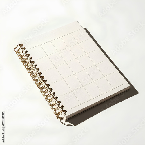Spiral notebook with gold binding on a white surface.