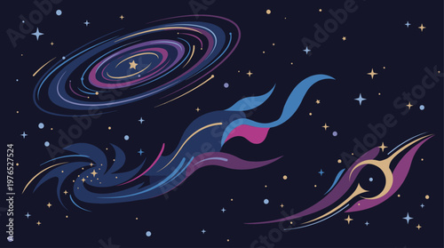 Illustration of colorful galaxy and nebula with swirling purple, blue, and pink gas against a starry night sky with a black background.