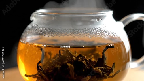 Tea leaves in a glass teapot.