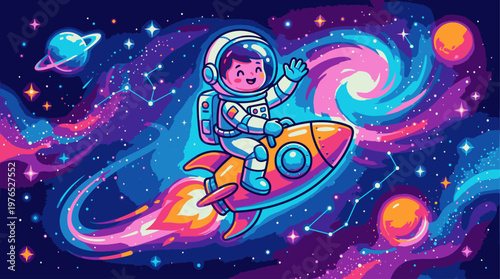 A cartoon astronaut riding a colorful rocket through a vibrant, swirling galaxy with planets and stars, wearing a white spacesuit with a clear helmet.