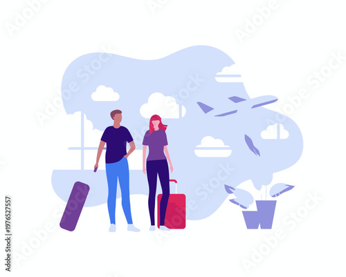 Illustration of a man and woman standing with luggage against a stylized travel background with planes and clouds in a flat, graphic style.