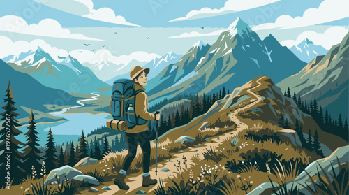 Illustration of a hiker with a backpack standing on a rocky trail overlooking a serene lake and majestic mountains under a partly cloudy sky.