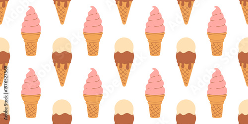Pattern of colorful ice cream cones in pink, brown, and beige on a white background with a flat lay composition.
