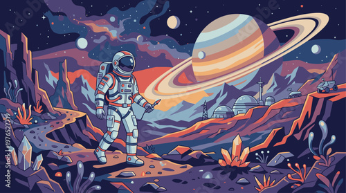 Astronaut standing on a distant planet with a large orange planet and ring system in the background, surrounded by rocky terrain and a starry night sky with a vibrant color palette.