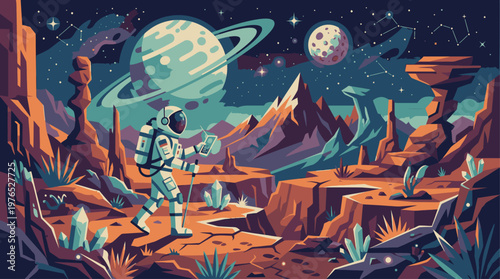 Illustration of an astronaut standing on an alien landscape with a planet and moon in the background under a starry night sky with a futuristic and adventurous mood.