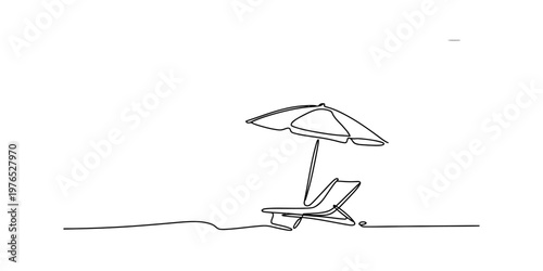 Minimalist continuous line drawing of a relaxing beach lounge chair under a protective umbrella Vector, illustration