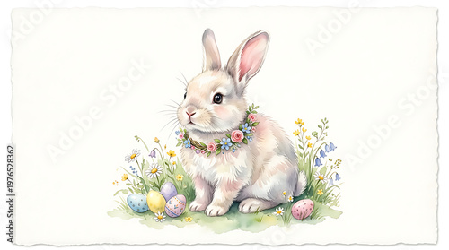 Cute Easter Bunny with Floral Wreath and Eggs, Watercolor Illustration