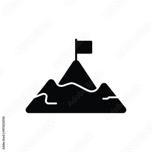 A simple black silhouette of a mountain peak with a waving flag