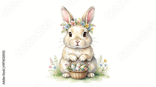 Cute Easter Bunny with Flower Crown and Basket of Eggs, Watercolor Illustration
